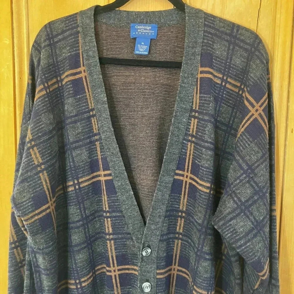 Cedarwood State Gray and Brown Plaid Men's Cardigan Sweater
